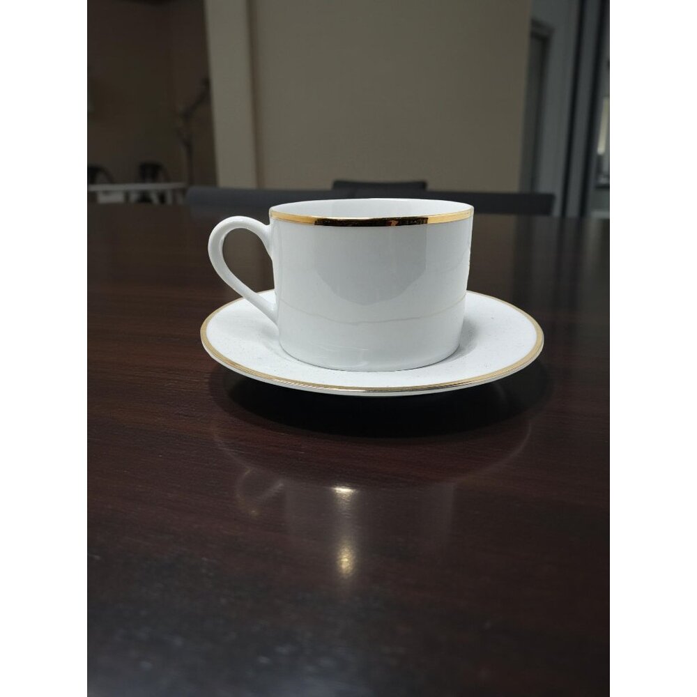 Vintage Pier 1 Porcelain White W/Gold Trim Coffee Cup and Saucer
